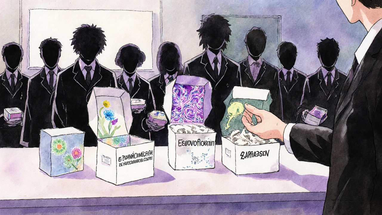 A pharmacist handing a box of generic antibiotics, with symbolic visions of health and danger behind them.