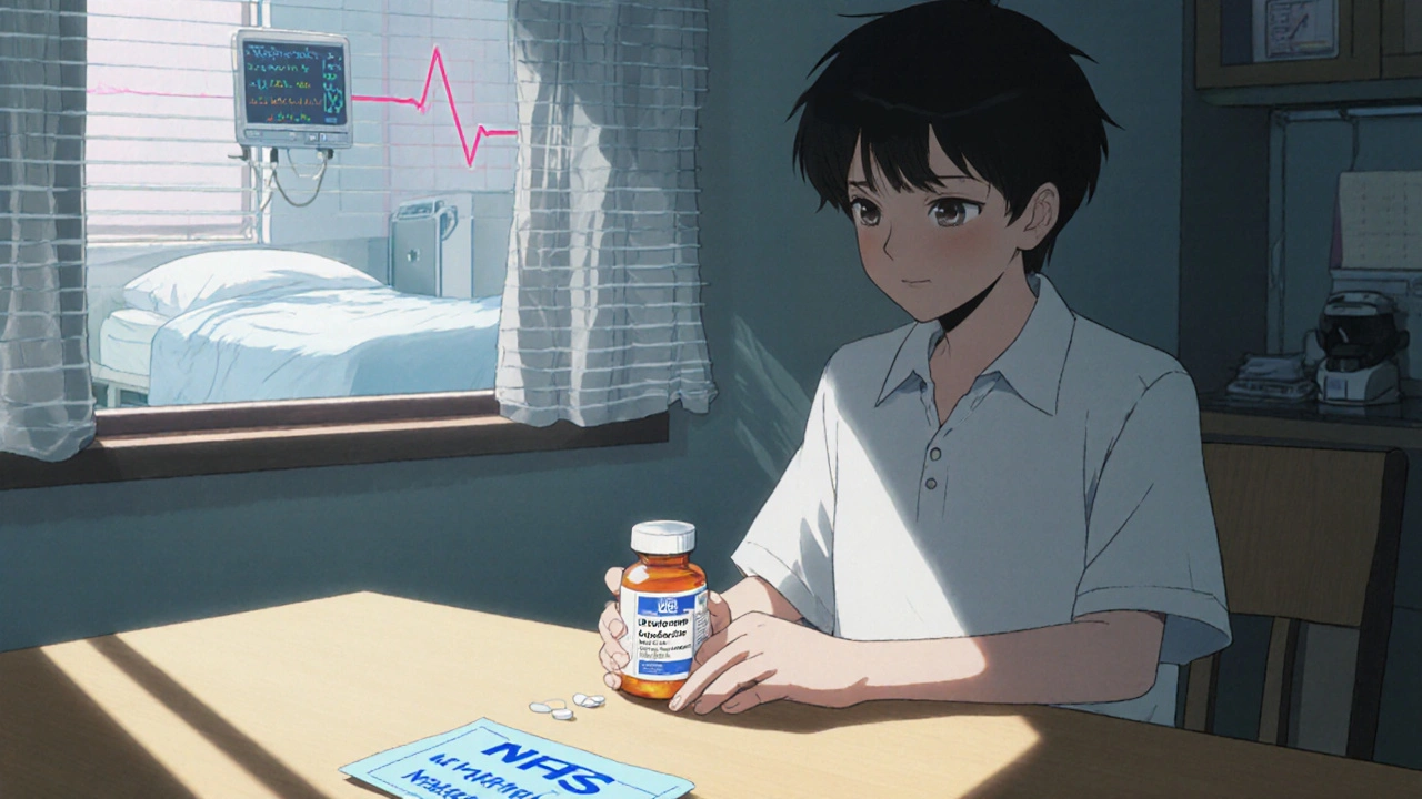 Someone holding generic antibiotic pills, their reflection showing a hospital monitor flatlining in morning light.