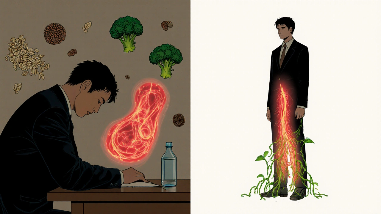 A man transitions from unhealthy sitting to healthy standing, surrounded by floating fiber foods and glowing veins, symbolizing lifestyle change.