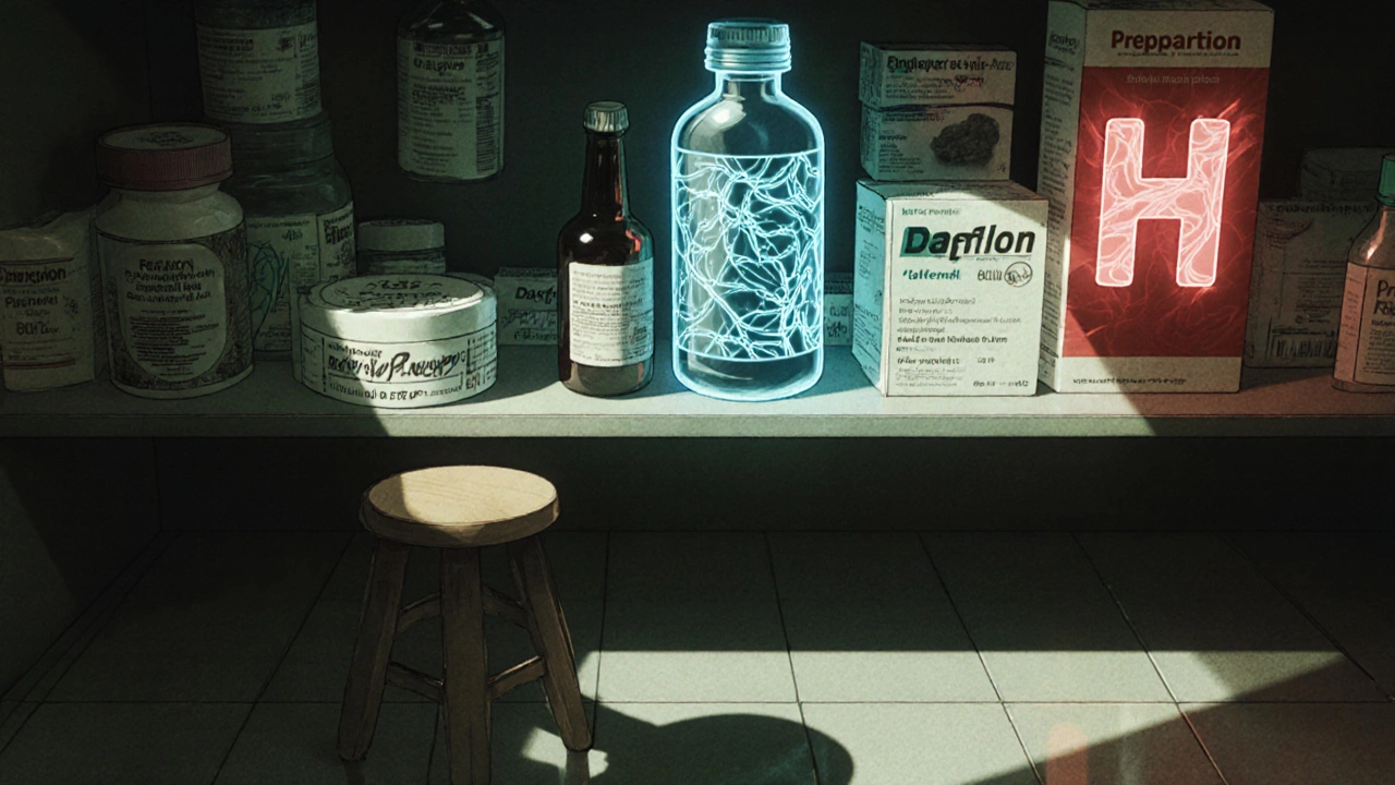 A surreal pharmacy shelf where product labels dissolve into herbal and medical patterns, with a shadow of someone squatting on a footstool below.
