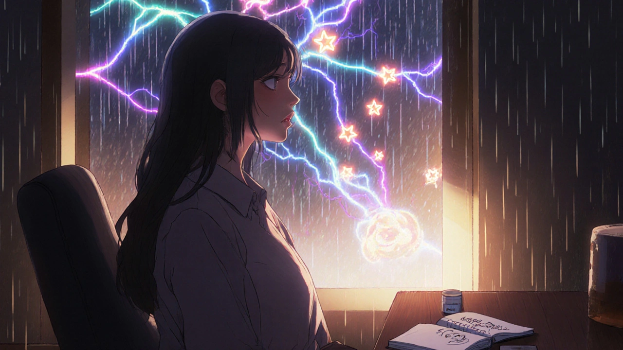 A woman in therapy speaks as glowing neural pathways and mood molecules rise around her.