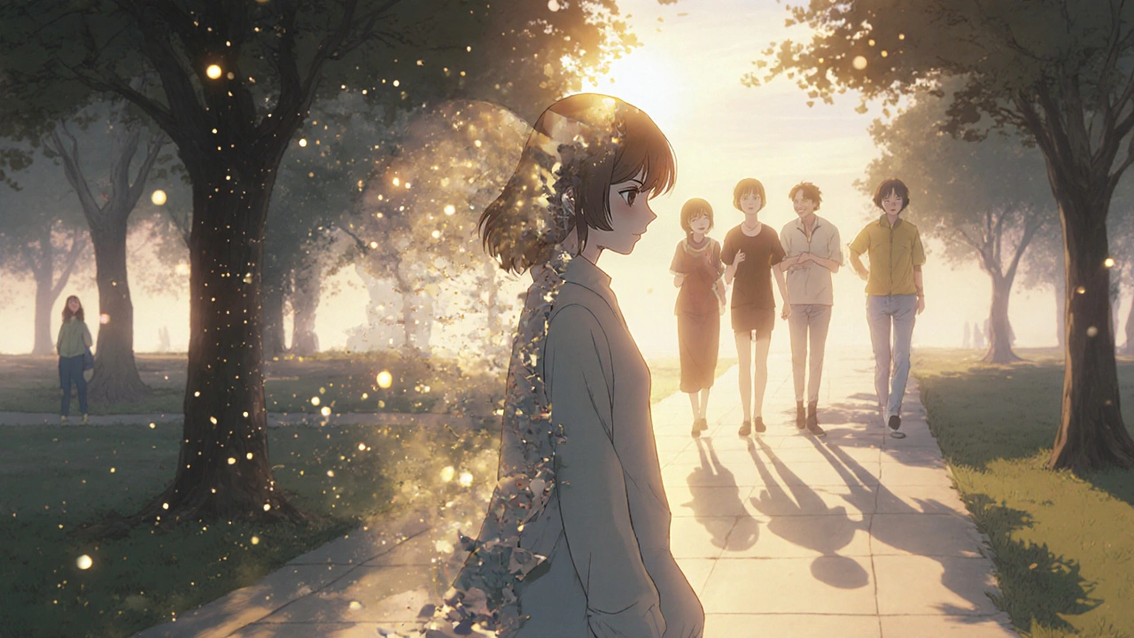 A woman walks through a twilight park, her fractured shadow reflecting different emotions.