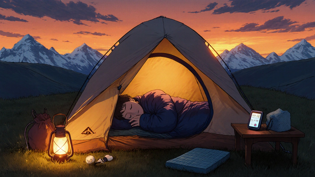Camp at lower altitude at sunset with sleeping hiker, lantern light, and pulse oximeter.