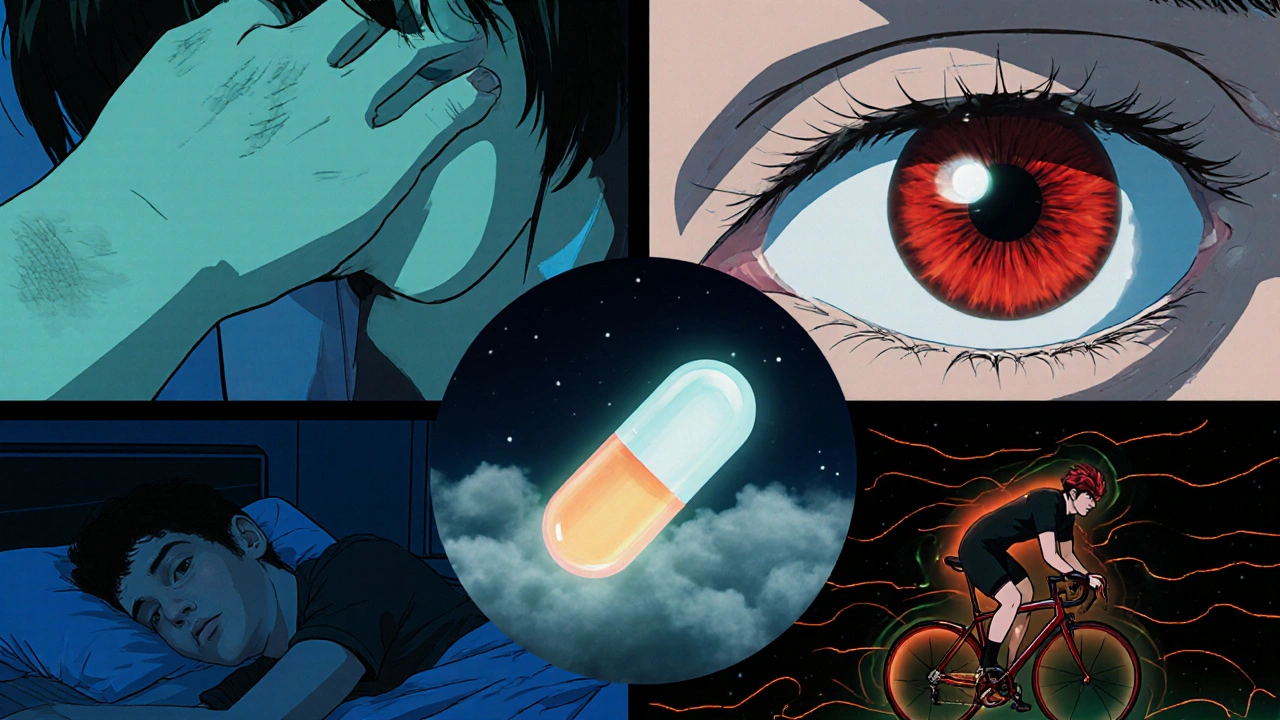 Collage of eczema, red eye, sleeping figure, cyclist, and migraine aura all illustrated in anime style.