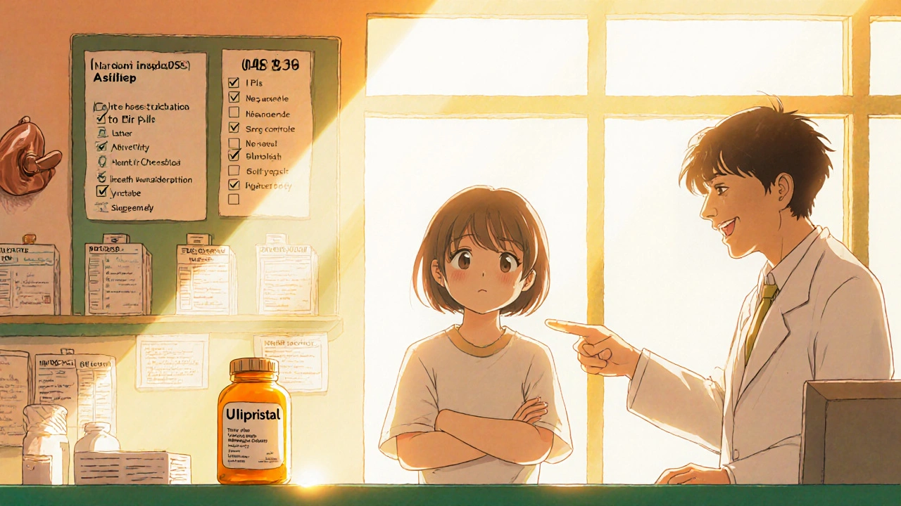 Confident person stands at a sunny pharmacy counter with I‑Pill, Ulipristal prescription, and copper IUD displayed, aided by a pharmacist.