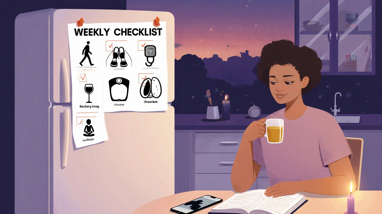 Cozy home scene showing a weekly habit checklist, CPAP mask, meditation and weight log.