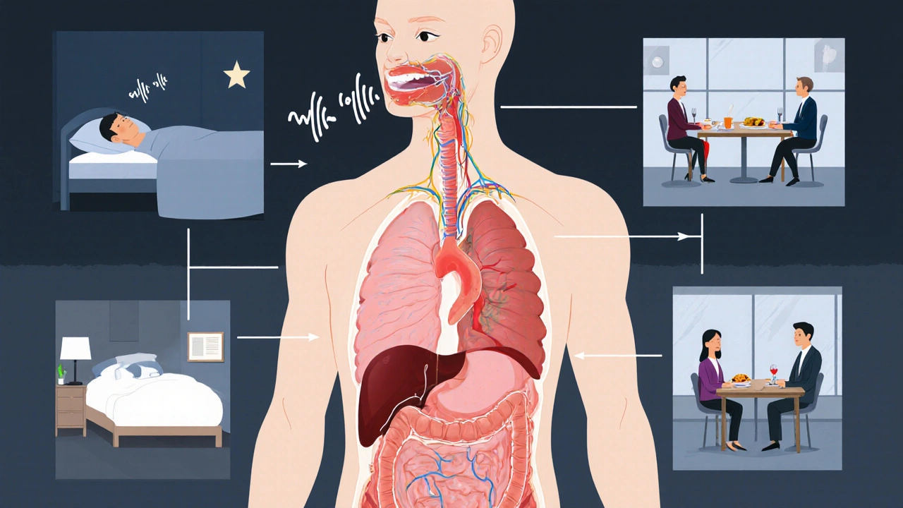 Cross‑section illustration of torso showing nerve involvement and vignettes of sleep, eating, and social impact.