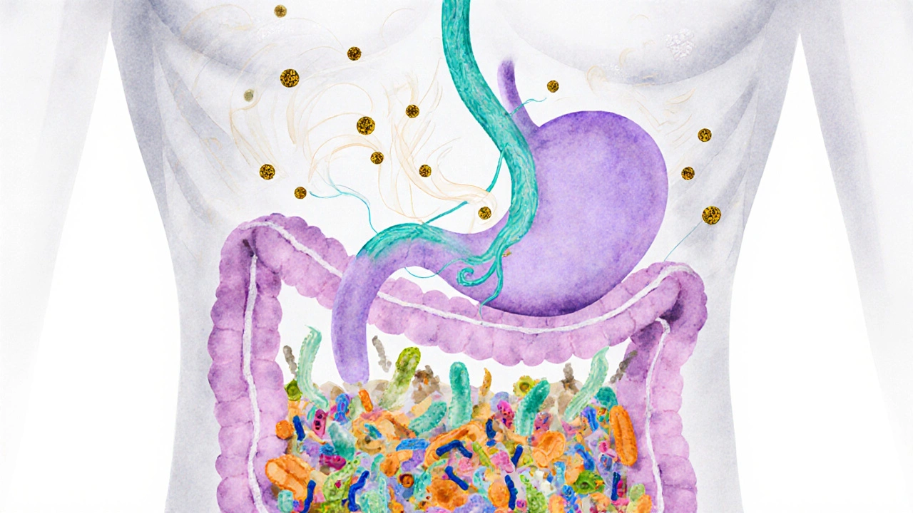 Cross‑section illustration showing vagus nerve, cortisol, and gut microbes.
