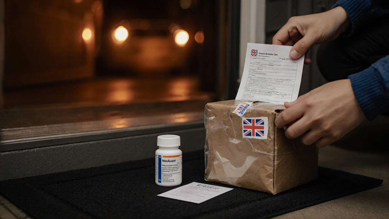 Delivery box at a doorstep revealing Montelukast bottle, prescription, and safety seal.