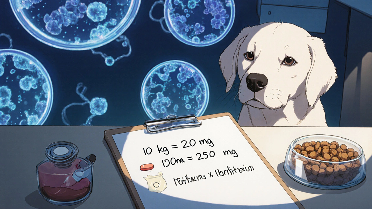 Desk with dosage formula, tablet, and Labrador near food, illustrating Cephalexin dosing.