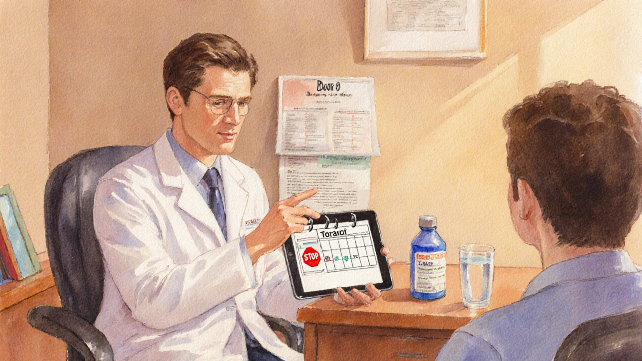Doctor advising patient with calendar and protective medication shown in watercolor.