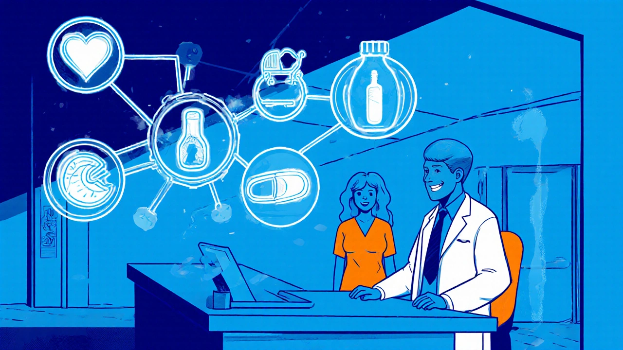 Doctor and patient with glowing decision‑tree icons for heart, pregnancy, drowsiness, interactions.