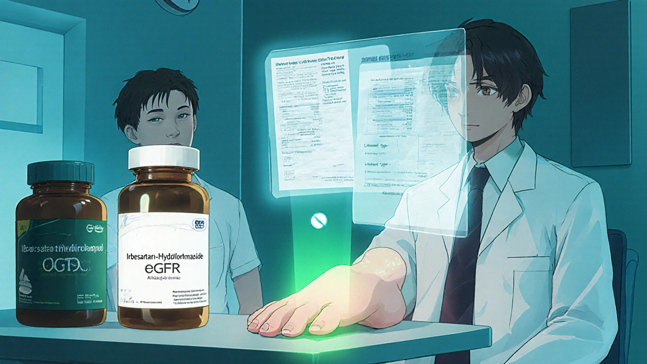 Doctor reviewing floating lab results while alternative meds and allopurinol protect a swollen toe.