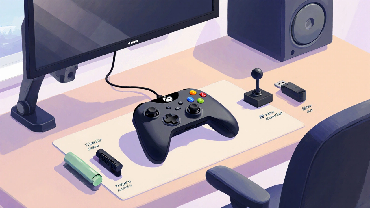 Ergonomic desk with an adaptive controller, grip sleeve, and joystick stabiliser.