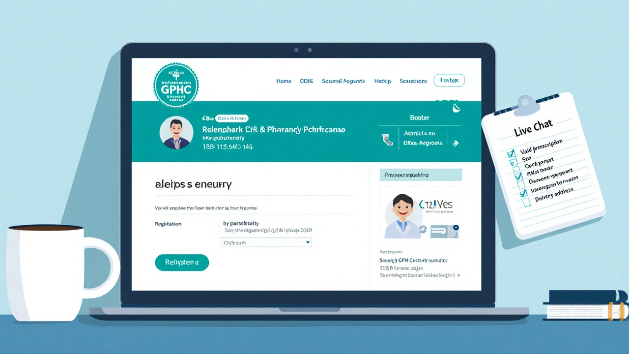 Flat illustration of a laptop showing a UK online pharmacy website with verification details.