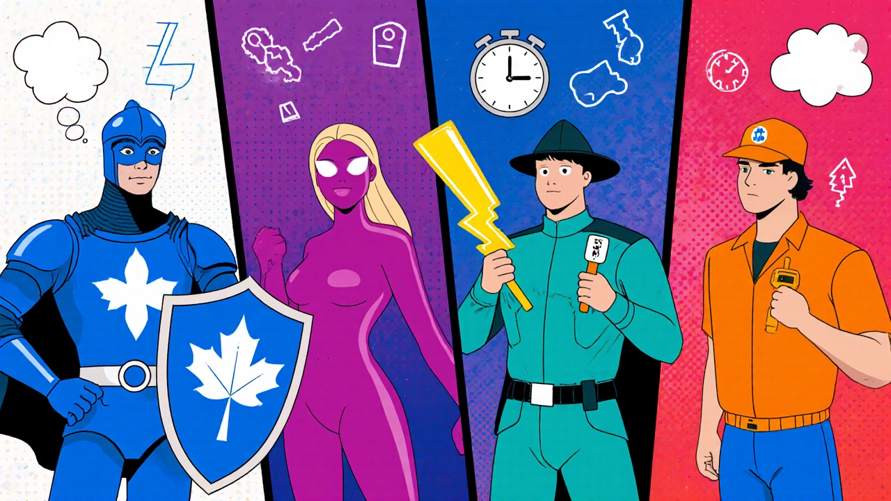 Four drug heroes: Metoclopramide, Ondansetron, Itopride, low‑dose Erythromycin, each with unique visual tools.