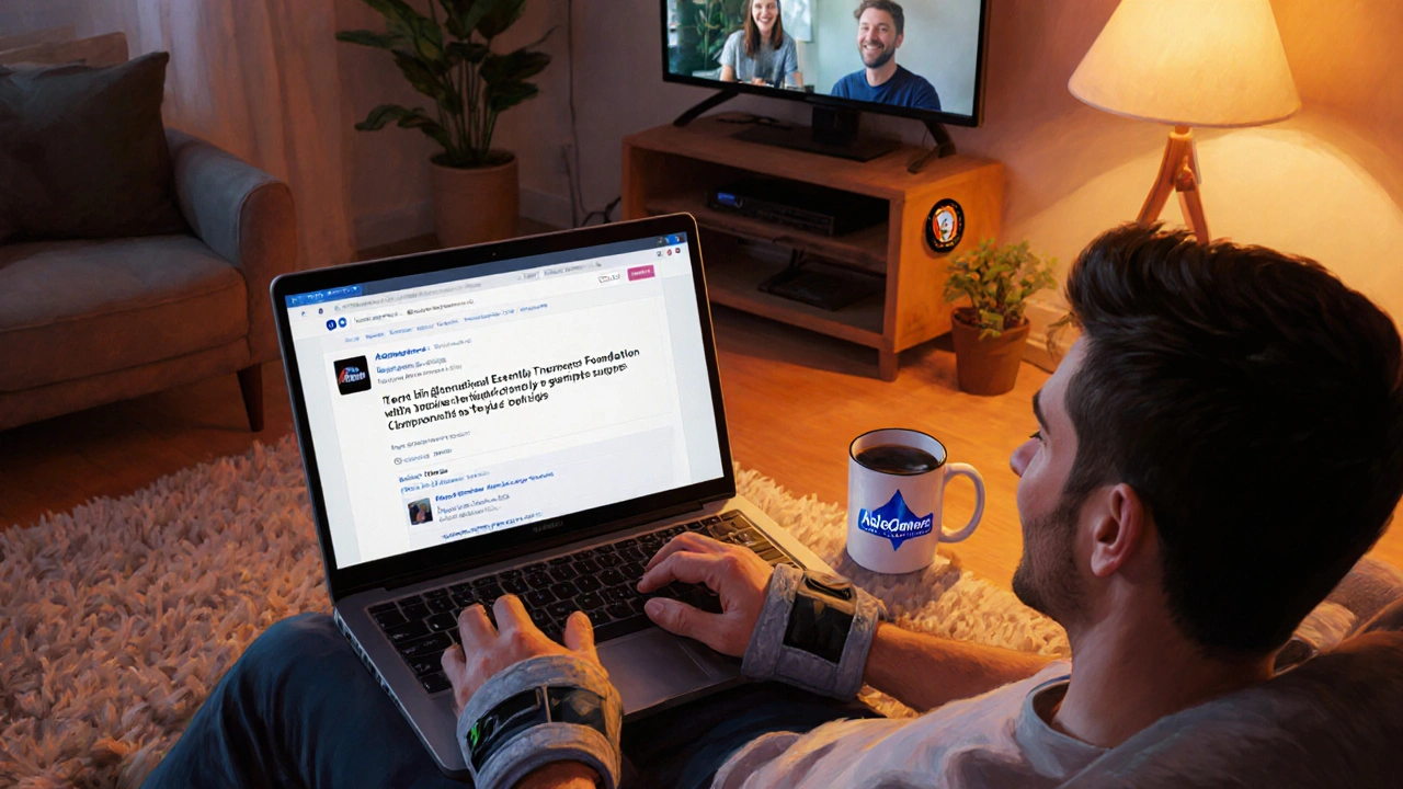 Gamer viewing an online tremor support forum, surrounded by community symbols.