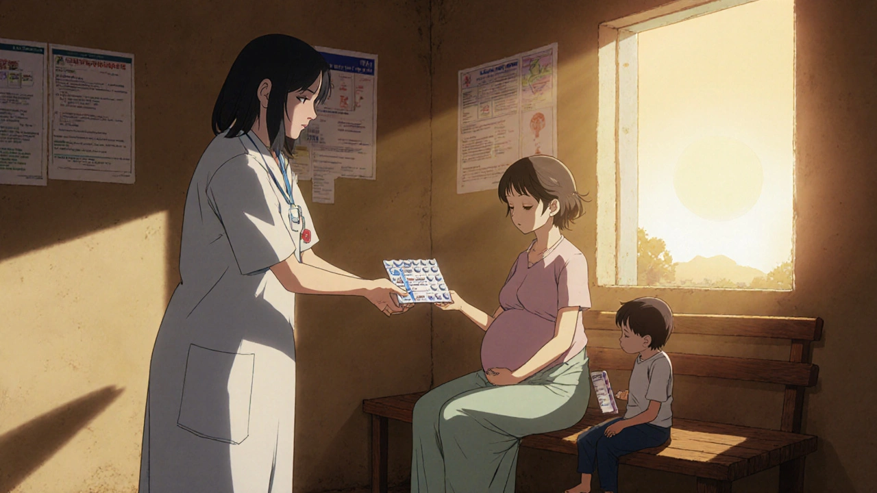 Healthcare worker giving Nevirapine to a pregnant patient in a rural clinic.