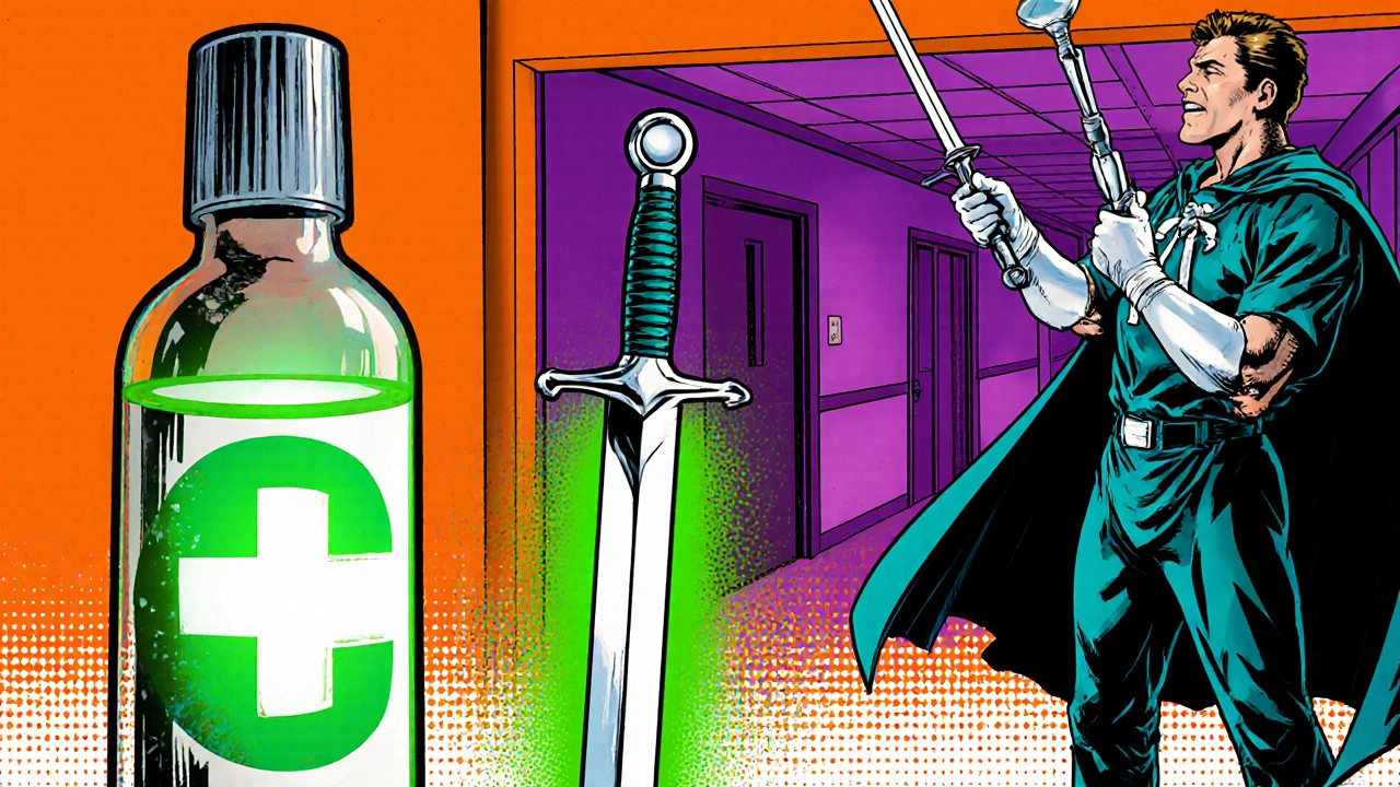 Heroic depiction of medication, catheter, and surgery options for urinary retention.