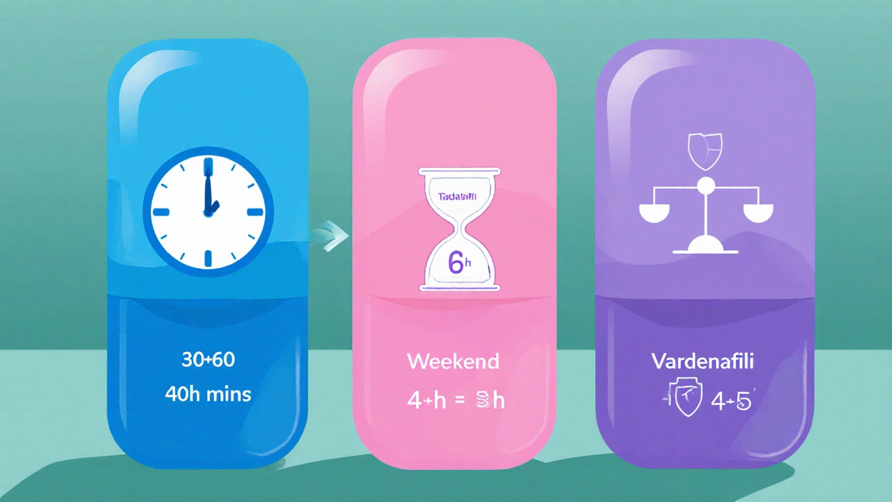Illustrated comparison of Sildenafil, Tadalafil, and Vardenafil with icons for onset and duration.