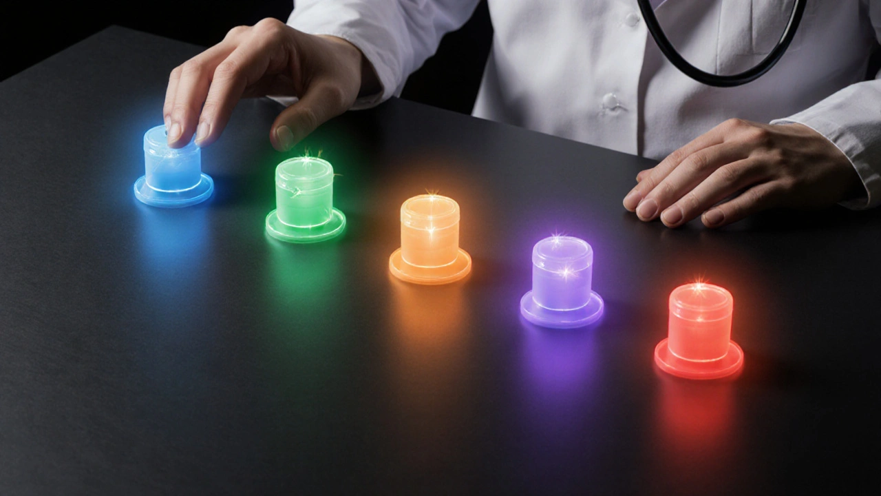Illustrated scene of various ED pills with visual cues for speed and duration, observed by a doctor silhouette.