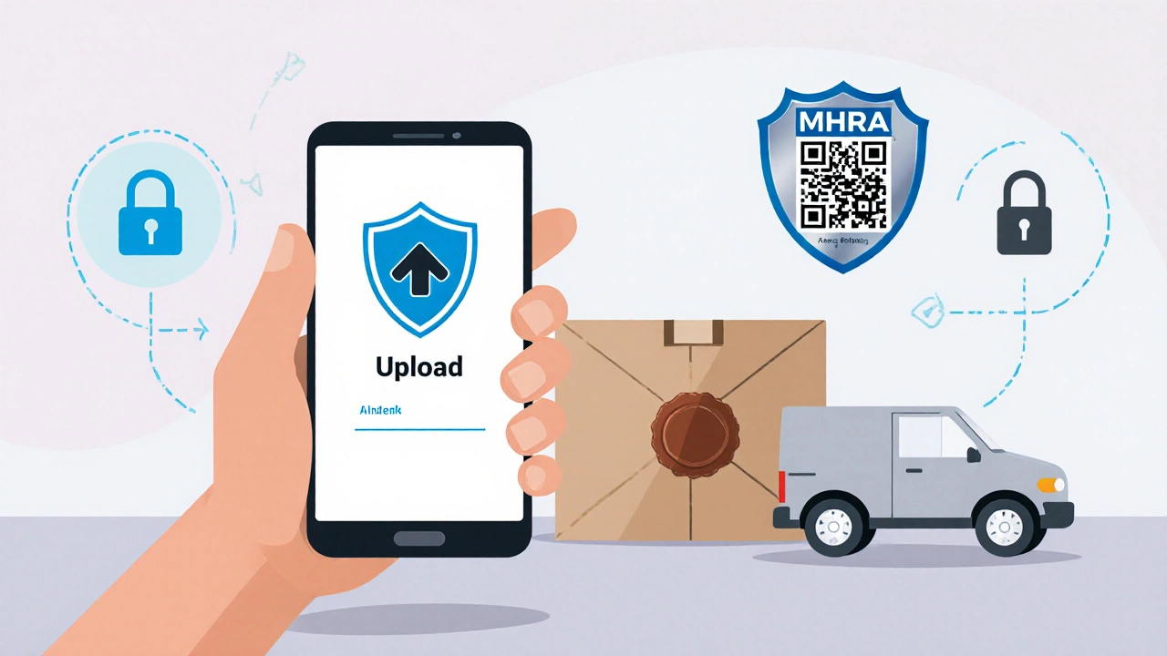 Illustration of a hand uploading a prescription, MHRA badge, and discreet parcel.