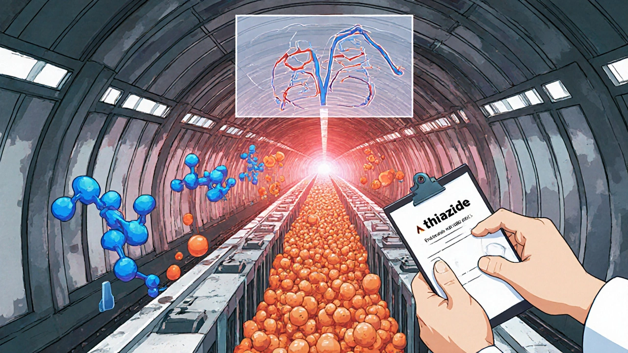 Kidney tubules visualized as a metro station with thiazide blocking uric‑acid transport.