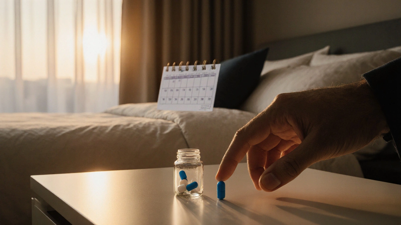 Man&#039;s hand reaching for a pill on bedside table in a sunrise-lit bedroom, suggesting choosing a medication.