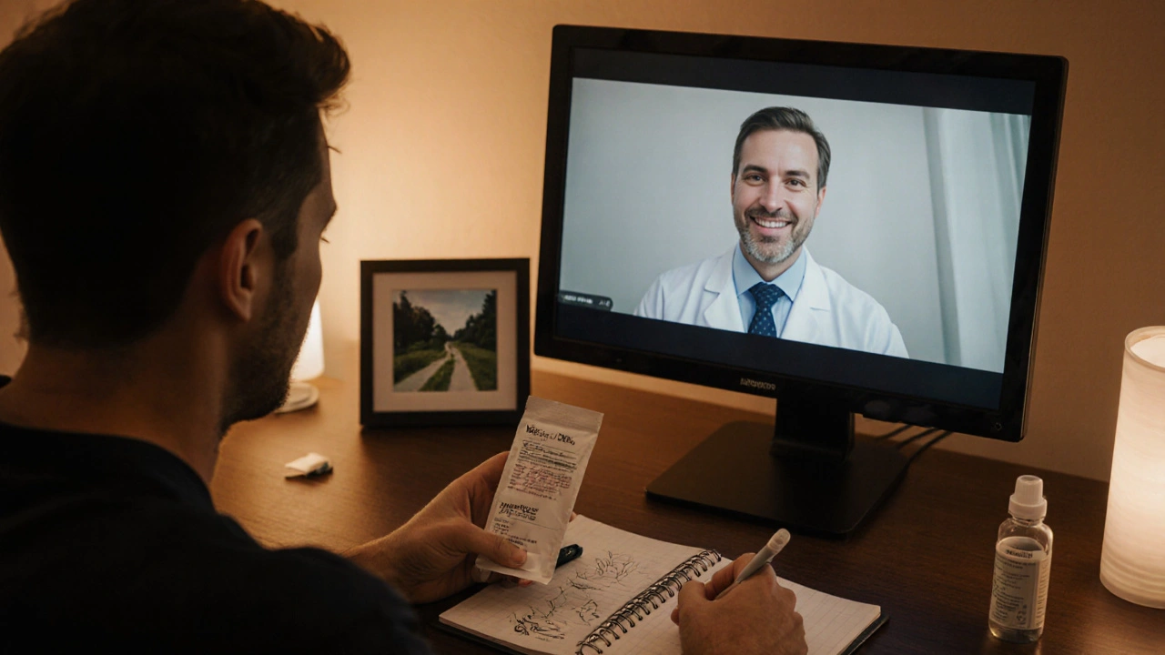 Man on a telehealth call reviewing a trial ED pack with notes and a vacuum device nearby.