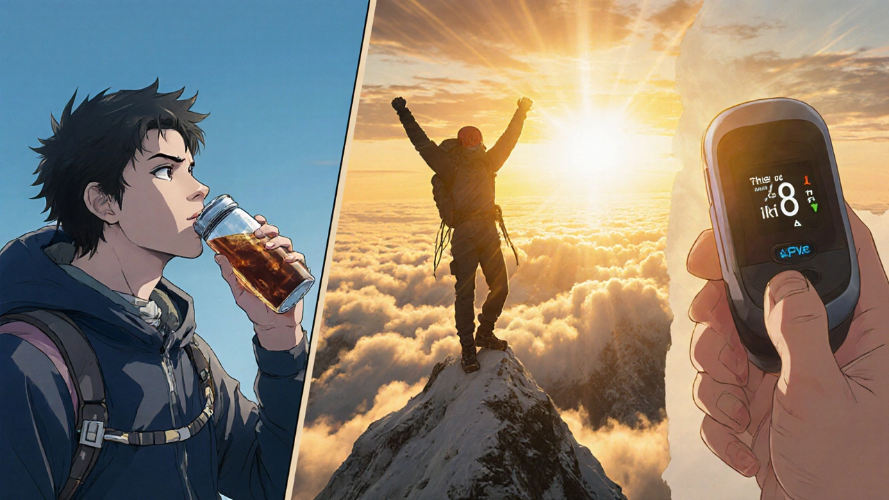 Montage of climber drinking carbs, checking SpO₂, and standing on summit at sunrise.