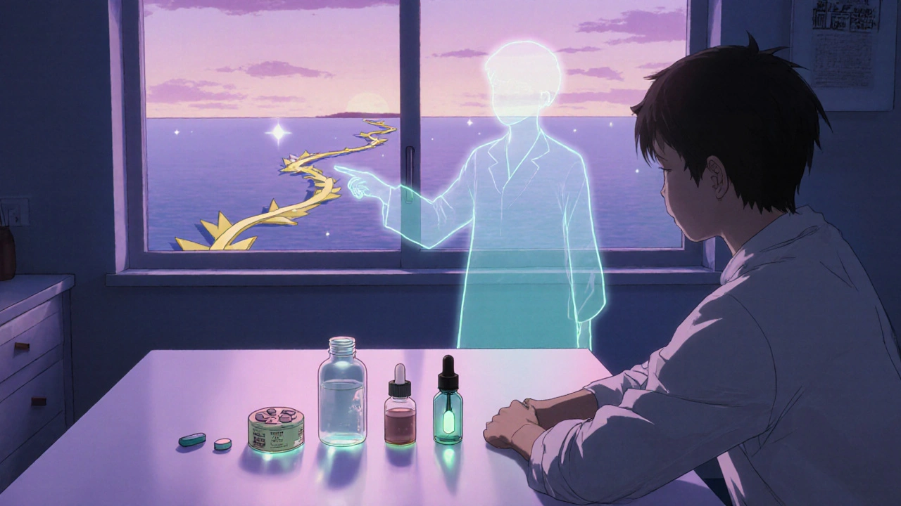 Patient at a kitchen table with lined‑up thyroid meds, guided by a translucent doctor silhouette toward stability.