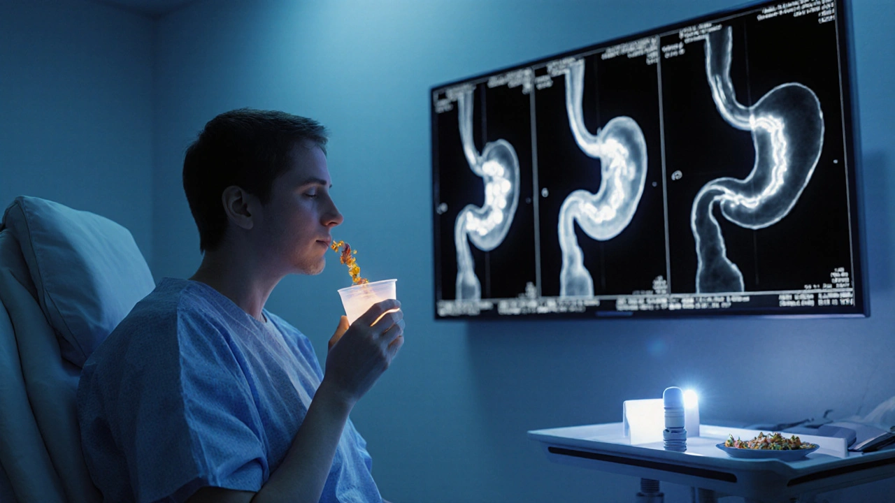 Patient swallowing radiolabeled meal with scintigraphy images and a motility capsule visible.
