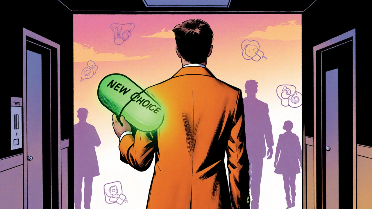 Patient walking away with green capsule, former drug symbols fading, hopeful atmosphere.