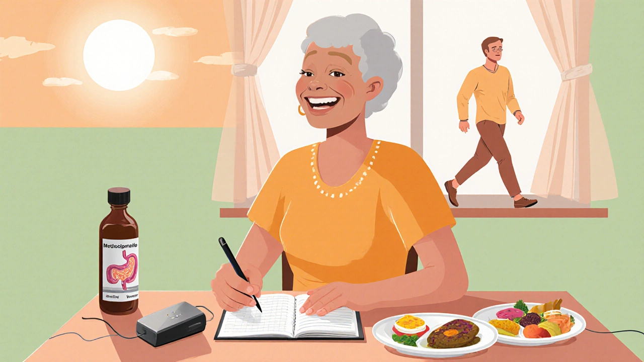 Person logging meals, low‑fat foods, medication and walking, illustrating gastroparesis care.