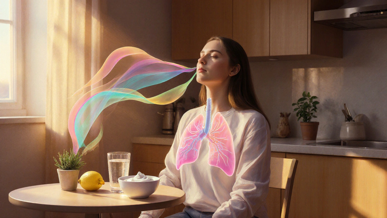 Person practicing breathing in a sunrise kitchen with soothing symbols.
