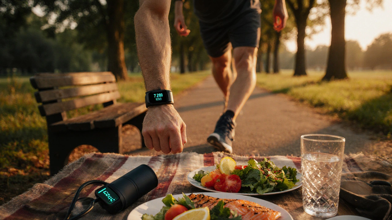 Person walking outdoors, checking step count, with Mediterranean food and a blood‑pressure cuff nearby.