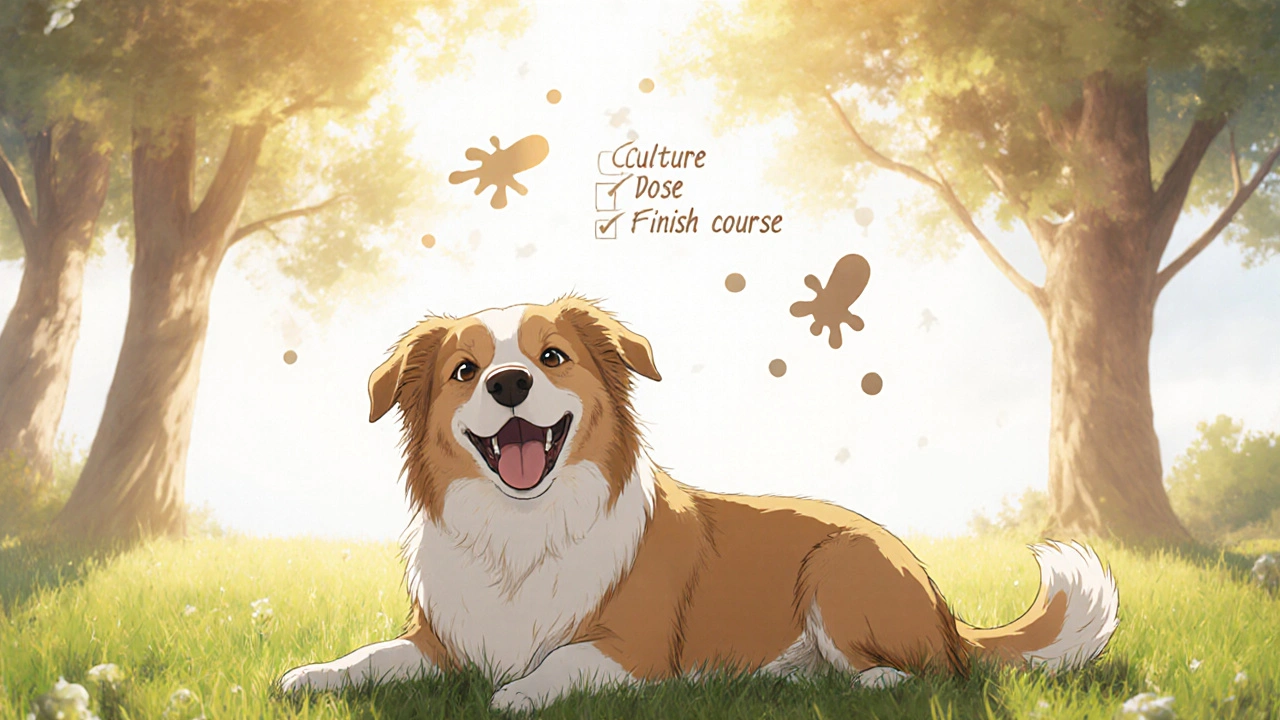 Recovered dog on grass with floating checklist and fading bacteria symbols.