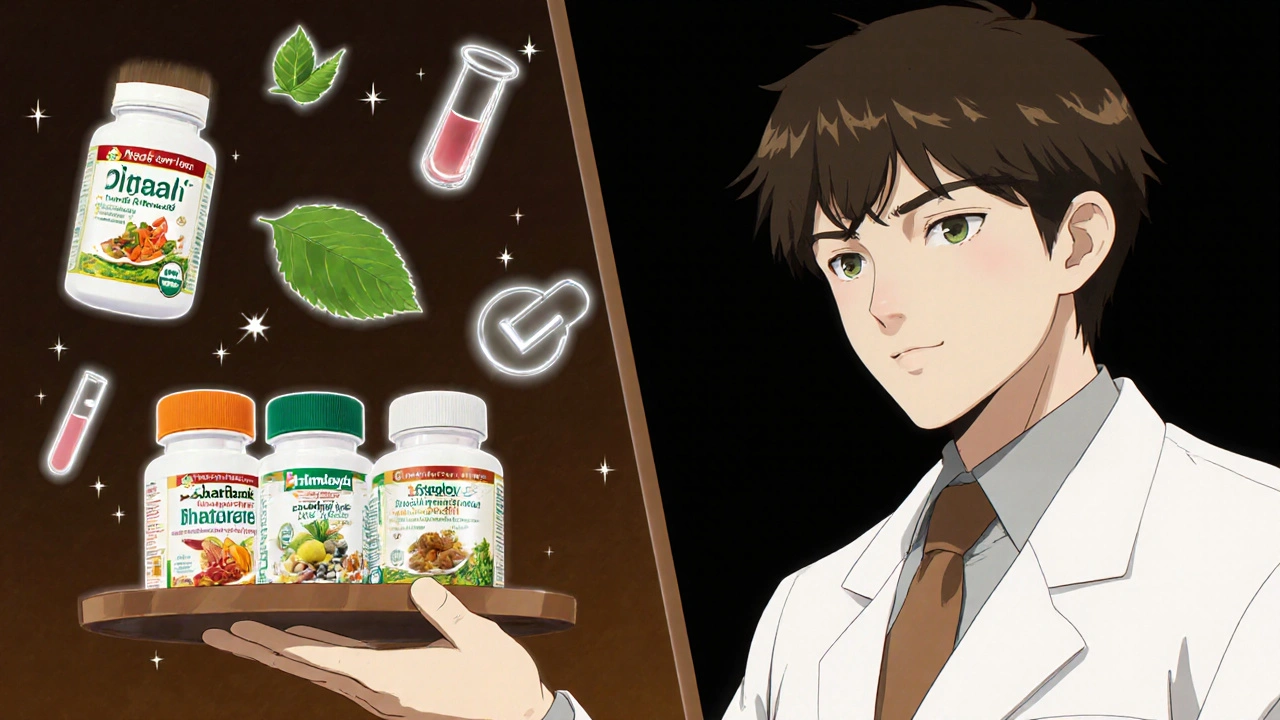 Researcher comparing various herbal capsules from Lukol and other brands in a split‑screen anime illustration.
