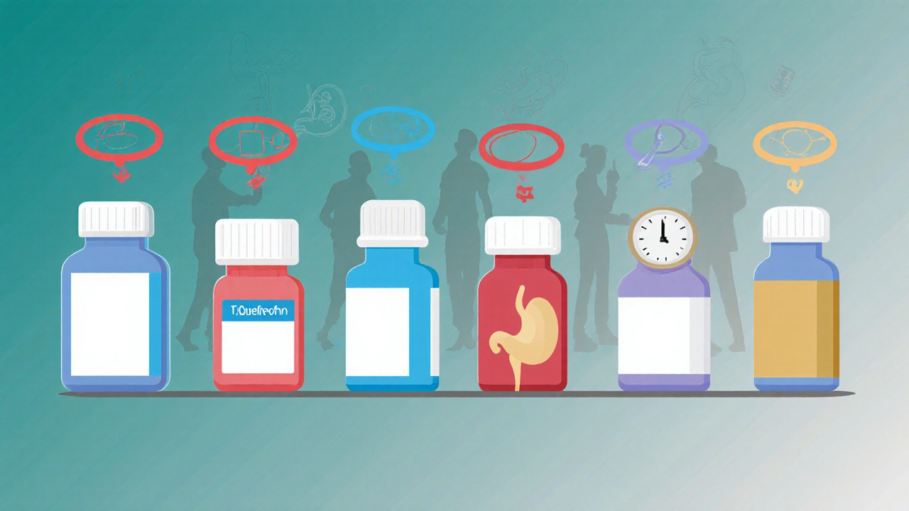 Row of pill bottles with colored halos representing different NSAIDs and risks.