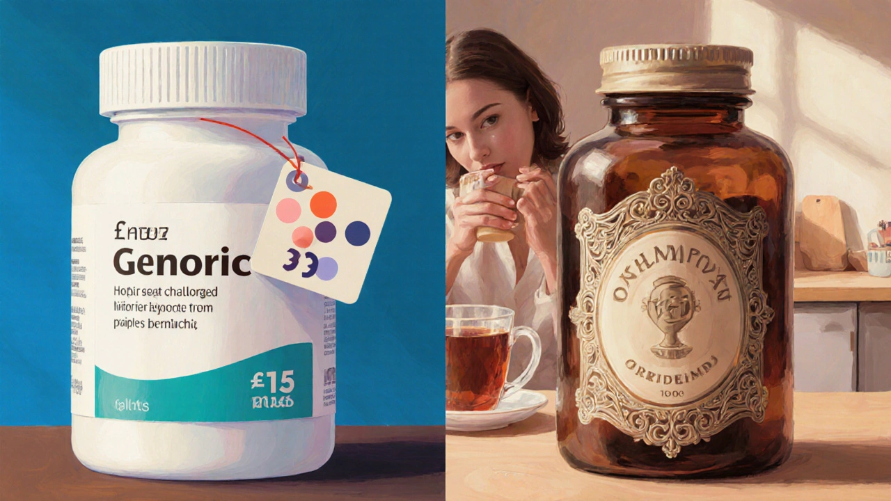 Side‑by‑side generic and brand medication bottles with price tags and a calm person.