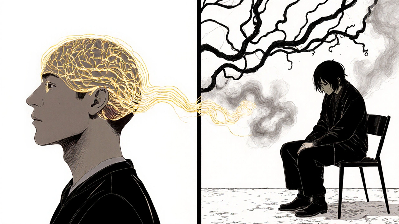 Split scene comparing modafinil's calm brain activity with adrafinil's strained liver, in haunting Satoshi Kon anime aesthetic.