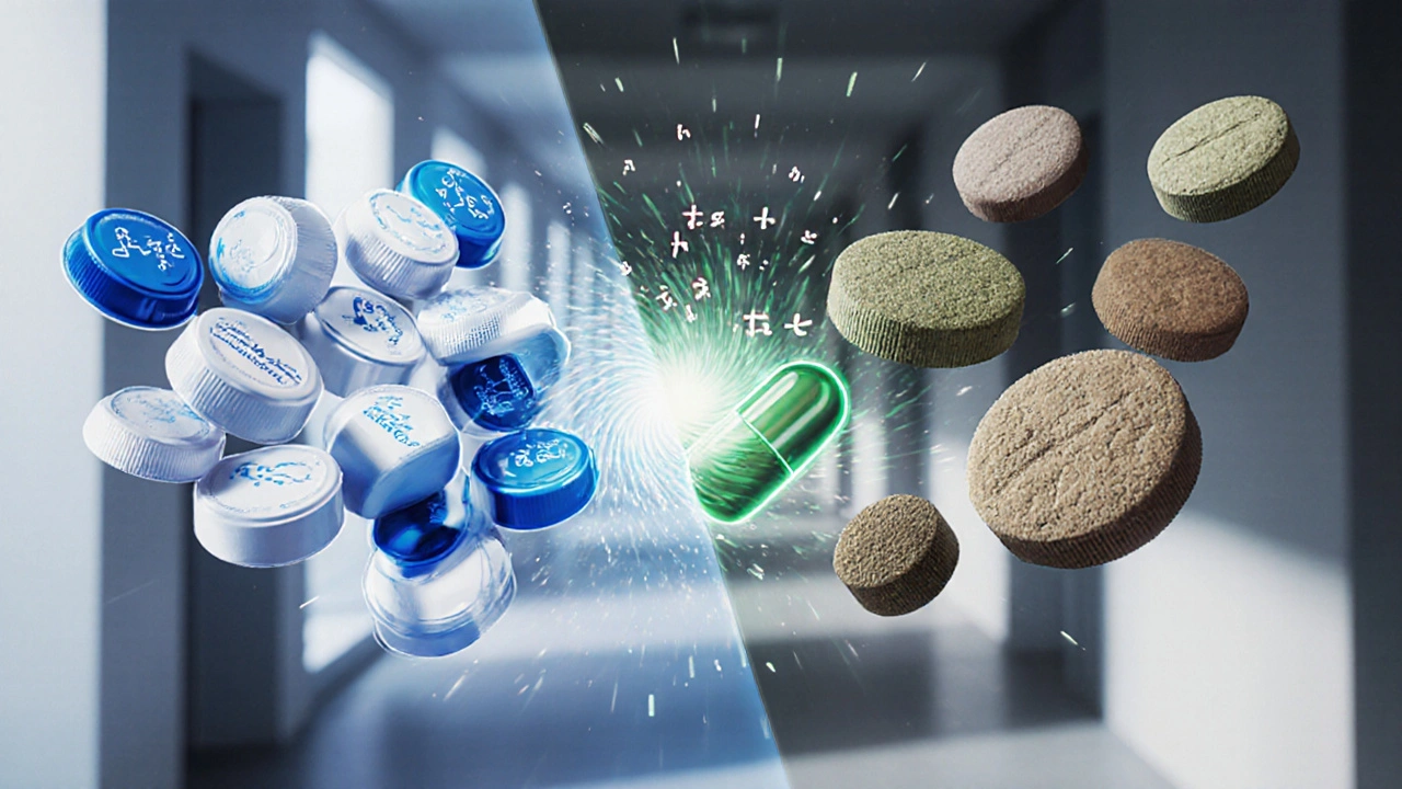 Split‑screen view comparing tablet, desiccated, and liquid thyroid medications with swirling hormone symbols.