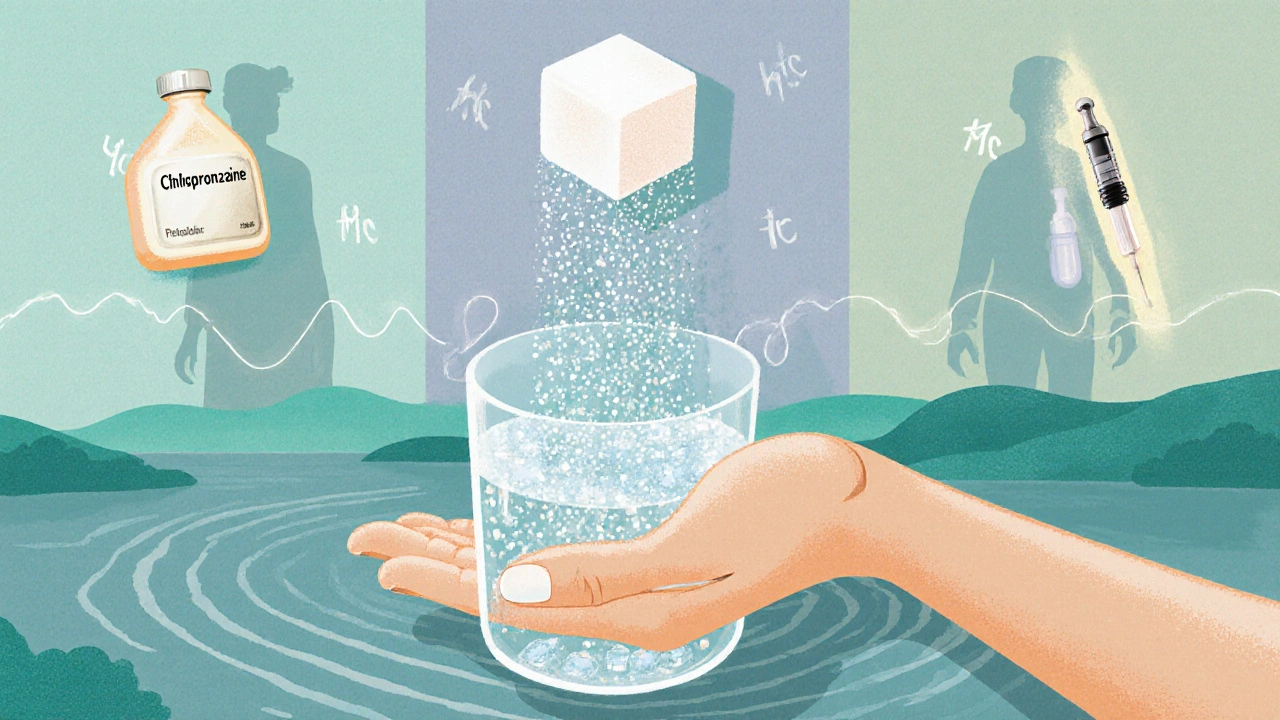 Surreal collage of sugar cube, cold water, pills, syringe, and TMS coil representing hiccup treatments.