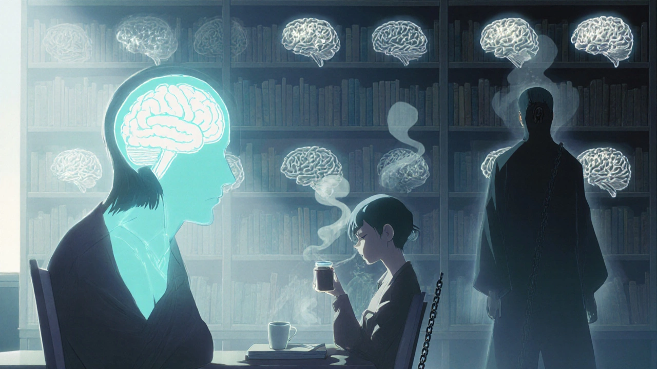 Three people in a library using different cognitive enhancers, their mental effects visualized as colored light, in Satoshi Kon's dreamlike style.