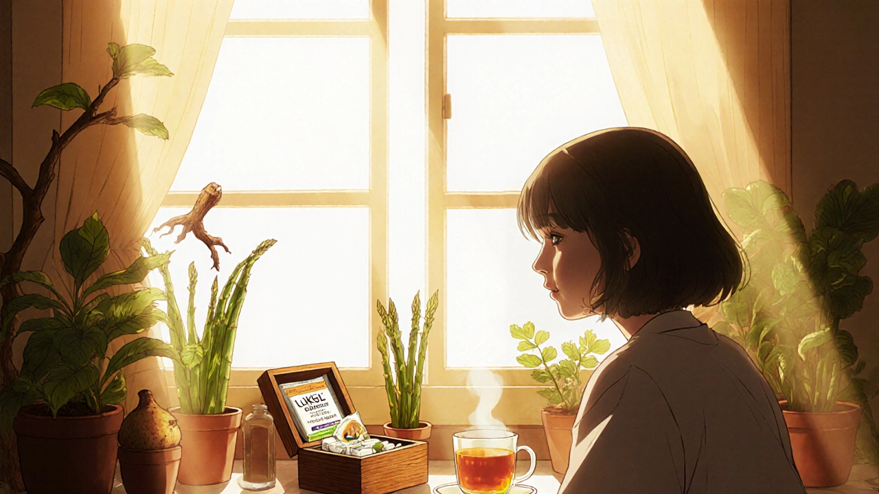 Woman at a windowsill with Lukol capsules, tea, and herbal plants, reflecting on supplement choice.