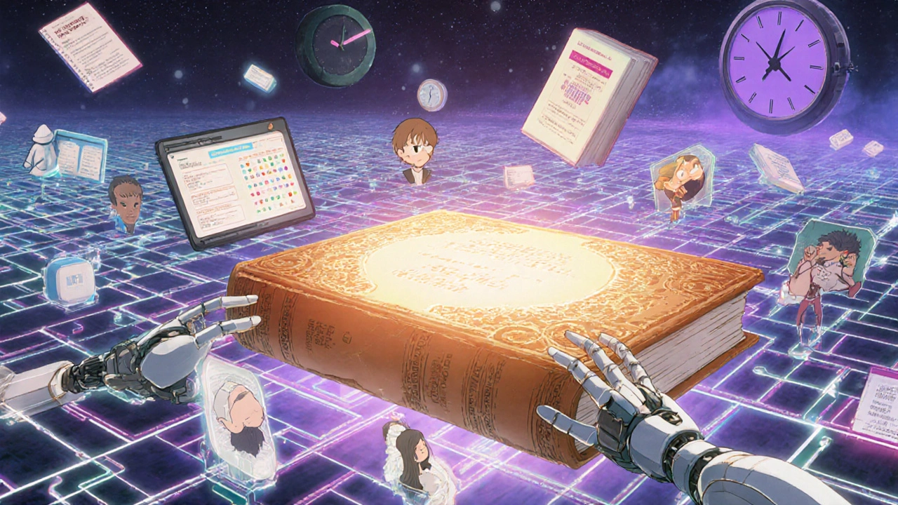 A digital landscape centered on the Orange Book, with patients, pharmacies, and clocks surrounding it as biologics fade into purple haze.