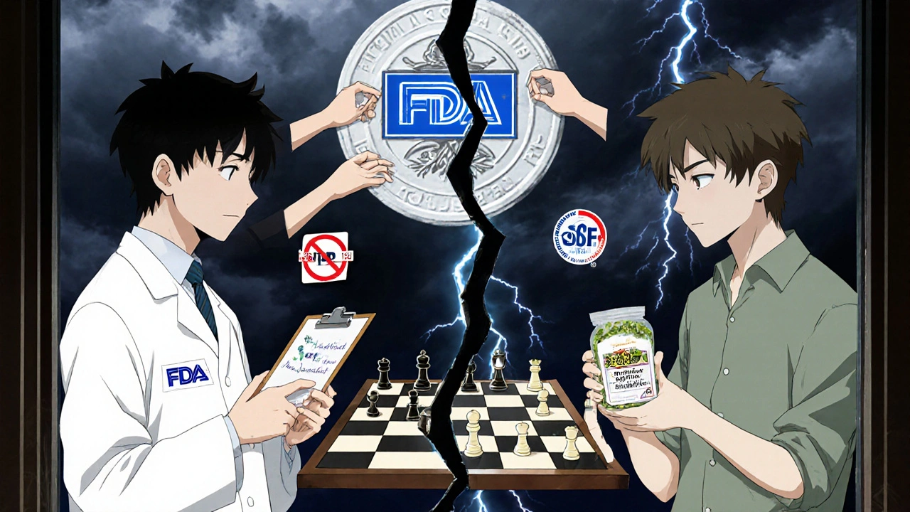 A fractured mirror showing two versions of a person, one in a lab coat, the other holding supplements, with a floating chessboard of pills between them.