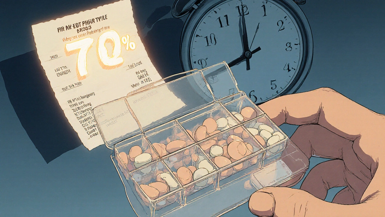 A hand holding a pill organizer with one empty slot, a floating pharmacy receipt showing 72% PDC.