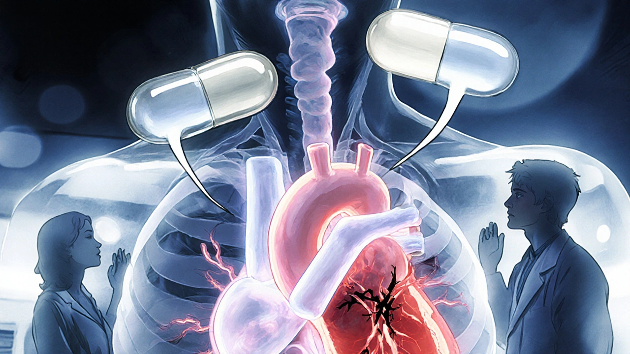 A heart under threat from clots, with conflicting PPIs dissolving into light and haze in an anime scene.