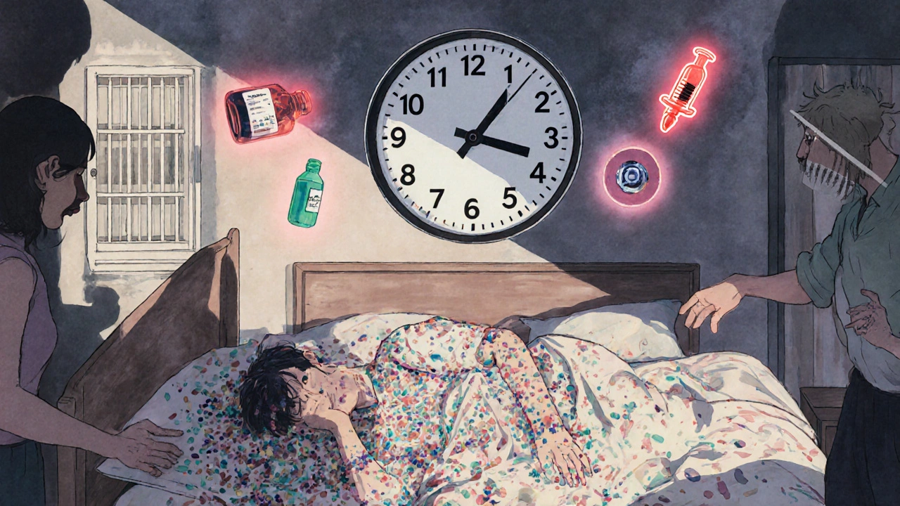 A man lies unconscious as his body dissolves into pill particles, with a countdown clock and naloxone syringe glowing above.